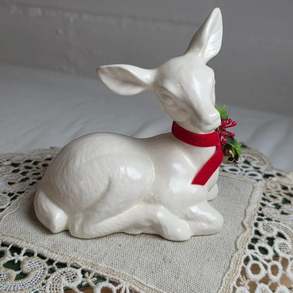 Vintage Enesco White Glossy Ceramic Deer Christmas Figurine